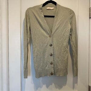 Tory Burch Simone Cardigan Sweater Green Ribbed Logo Gold Button Front Cotton